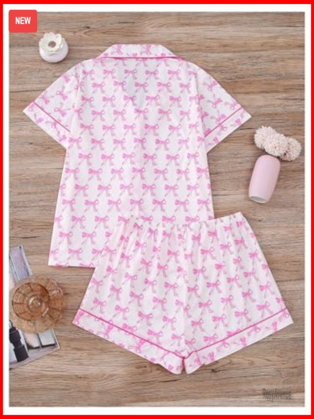 Women's Short Sleeve Button Down Pajama Set with Bows Preppy Sleepwear - Picture 2 of 5